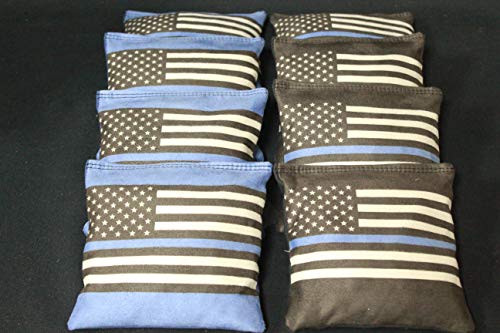 BackYardGamesUSA Blue Lives Matter Stick and Slide B115 - All Weather or Corn Filled Cornhole Bags - Set of 8 Regulation Size Duck Canvas Cornhole Toss Bean Bags (All Weather Resin Filled)