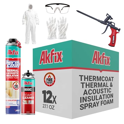 Akfix Thermcoat Fire Rated Spray Foam Insulation Kit 240 sq ft (12x27.1 oz.) - (R-Value 11.32 / 2 in) Closed Cell Expanding Wide Sealant Thermal Insulation for Walls and Attic - Gun & Cleaner Included