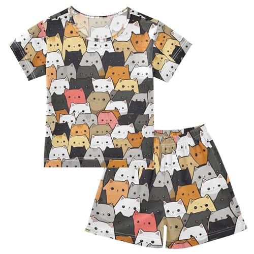 ALAZA Hipster Color Cat Kitten Pajamas Set Short Sleeve Cotton Sleepwear Summer Pjs 2 Piece 5-14Y
