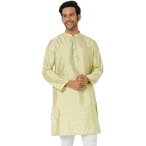 In-Sattva Men's Indian Embroidered Banded Collar and Placket Long Kurta Tunic