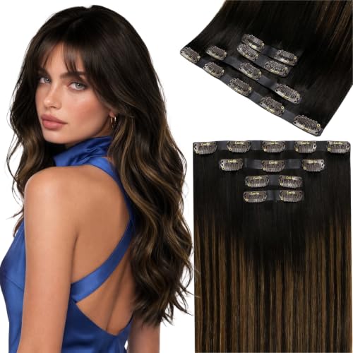 Image of LaaVoo Seamless Hair Extensions Clip in Balayage Seamess Clip in Hair Extensions Balayage Dark Brown to Ash Brown Highlights Invisible Clip ins Hair Extension 22 Inch 4pcs 100g