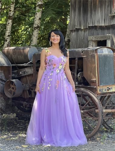 Fivsole 3D Floral Applique Prom Dresses Flower Tulle Long Wedding Formal Evening Gown3