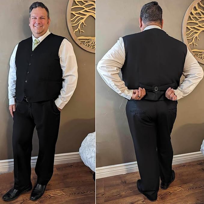 GATMSTZ Men's Formal Big Tall 3 Pieces Suit 2 Buttons Wedding Jacket Vest Pants Black 60 Tall4