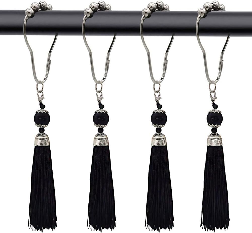 Set of 12 Boho Shower Curtain Hooks for Bathroom, Rustproof Stainless Steel Shower Curtain Rings with Tassel Decorative, Curtain Hanger Clips for Home Bathroom, Bedroom, Baby Room Decor (Black)