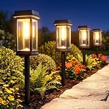 RECHOO Solarlampen für Außen Garten 4 Stück, 3000K Warmweiße Solarleuchten Garten mit Metall Erdspießen & 2 Lichtmodi, IP65 Wasserdicht Solarleuchten für Außen, Geschenk für Gartendeko, Weg, Terrasse