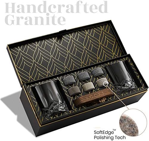 Whiskey Chilling Stones Gift Set - 6 Handcrafted Premium Granite Round Sipping Rocks - 2 Crystal Glass Tumblers - Hardwood Presentation & Storage Tray - Elegant Gold Foil Gift Box by R.O.C.K.S.