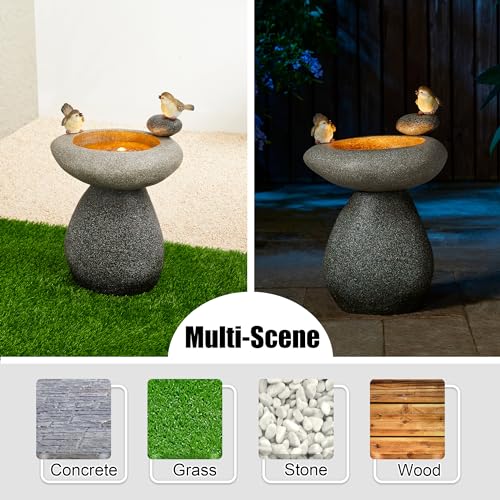 Image of Glitzhome 20.75 inch H Water Fountain with LED Light and Pump, Zen Style Faux Stone Texture Birdbath Outdoor Fountains with Birds Decor, Floor Fountain for Porch Deck Patio Backyard
