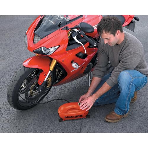 Image of BLACK + DECKER ASI200-XJ Tyre Inflator, 8.27 bar / 120 PSI Compressor with 12 V Cigarette Lighter Socket Digital Display Automatic Shut-Off with 3 Valve Attachments 3.1 m Cable