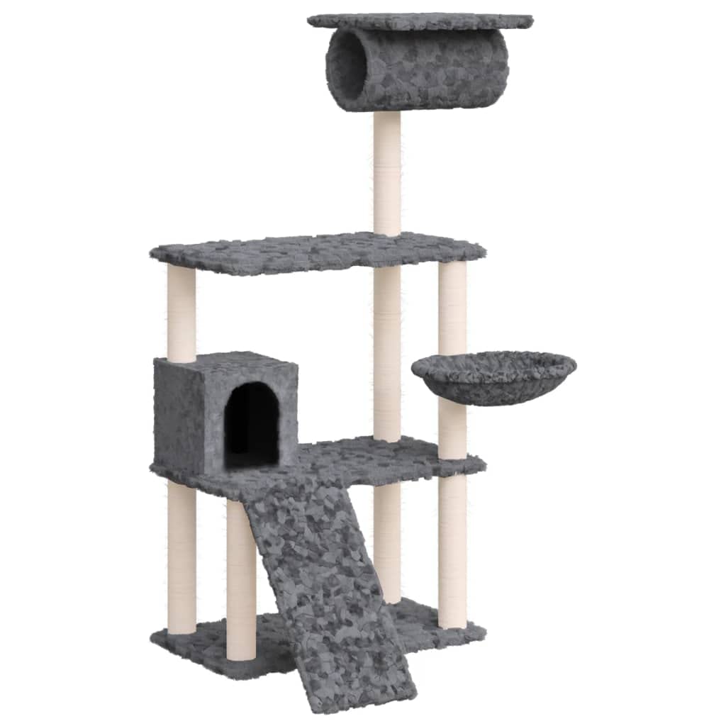 Arbre à chat à plusieurs niveaux avec échelle, plateformes et peluche douce, avec griffoirs en sisal et poteaux recouverts de sisal naturel