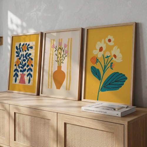 Image of kotart Aesthetic Floral Art Home Decoration | Boho Floral Paintings With Frame For Living Room Bed Room Hotel Wall Decor Digital Reprint Set of 3 (14x20 Inch)