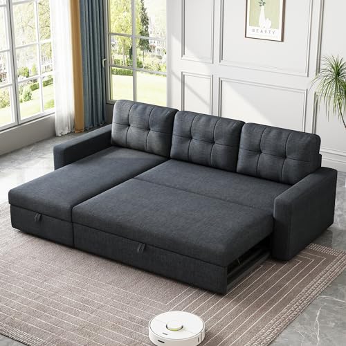 81.5″ Sectional Sleeper Sofa with Storage Chaise, L Shaped Pull Out Couch Bed with 3 Removable Back Cushion for Living Room,Apartment,Dark Grey
