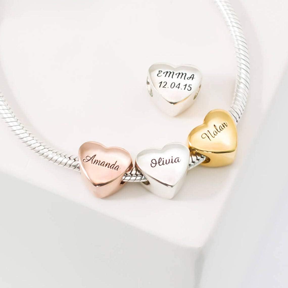 LONAGO Personalized Engraved Name Heart Charm 925 Sterling Silver/10K/14K/18K Solid Gold Fit Snake Bracelet Necklace Customized Handwriting Bead for Women Mom
