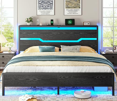 Image of Homkdom King Size Bed Frame with USB Ports & LED Lights, Headboard Shelf, Heavy Duty Metal Platform with 10.24 inch Underbed Storage, Noise-Free Slats, No Box Spring Needed, Modern Black