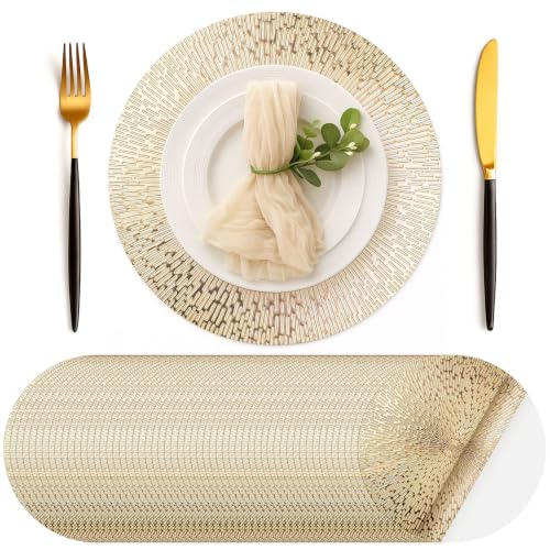 Geosar 100 Pcs Round Disposable Paper Placemats Bulk 13 Inch Disposable Charger Plates Mats Gold Decorative Placemats for Dinner Wedding Birthday Party Tableware Kitchen Banquet Table Setting