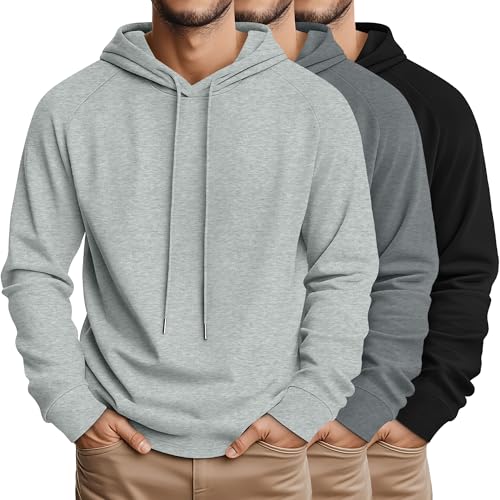 August Alley 3 Pcs Mens Big and Tall Hoodies Long Sleeve Pullover Lightweight Hooded Loose Drawstring Athletic Sweatshirts(Black, Dark Mixed Gray, Light Mixed Gray,5X-Large)