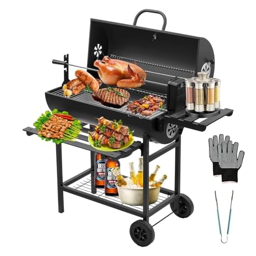 TEENO Barbacoa de Carbón de Madera, Parrilla Barbacoa con Rejilla de Cocción XXL, Guantes Antigrietas, Termómetro, Cajón de Ceniza, Ventilación Regulable, Mejorada (con Soporte para Asar Pollo)