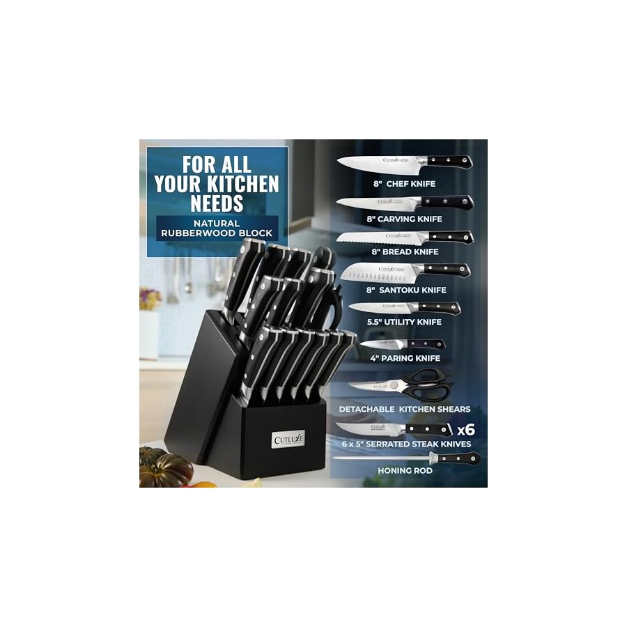 Cutluxe 15-Piece Knife Set – Premium Black Wood Block – Knife Set for Kitchen, Ultra Sharp High Carbon German Stainless Steel, Full Tang – Artisan Series