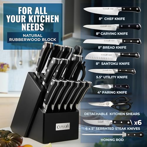 Image of Cutluxe 15-Piece Knife Set - Premium Black Wood Block - Knife Set for Kitchen, Ultra Sharp High Carbon German Stainless Steel, Full Tang - Artisan Series