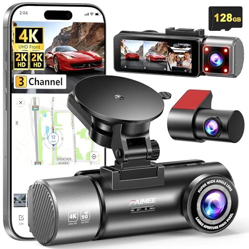 4K+2K+2K 3 Channel Dash Cam Front and Rear, 128GB Card Included, Dash Camera for Cars 5.8G/2.4G Dual Wifi, Built-in GPS, Night Vision, WDR, 170°Wide Angle, G-Sensor Emergency Lock, 24H Parking Monitor