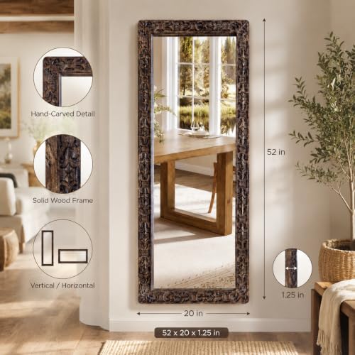 Image of Wooden Bathroom Wall Mirror,Solid Wood Frame,52x20x1.25 Burnt Brown | Farmhouse Decorative Wall Mirror for Bathroom, Bedroom, Living Room & Entryway, Vertical /Horizontal Hanging