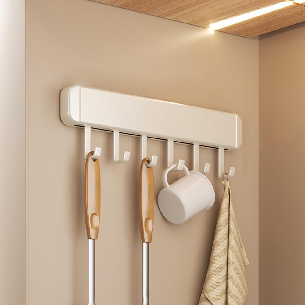 Kitchen hooks, Kitchen Utensils Holder,Utensil Hanging Racks Wall Mounted,Self Adhesive Under Cabinet Tools Hanger Organizer Hook Punch for Bathroom(White,With 6 Hooks 30cm)