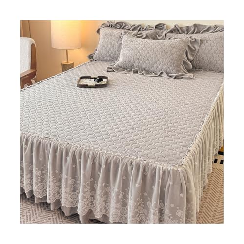 TRQQWEQQ Faldón de cama de piel de leche, 3 piezas de 45 cm de profundidad, falda de cama con volantes, colcha con decoración de encaje, incluye 2 fundas de almohada y sábana bajera (gris, Queen-150 x