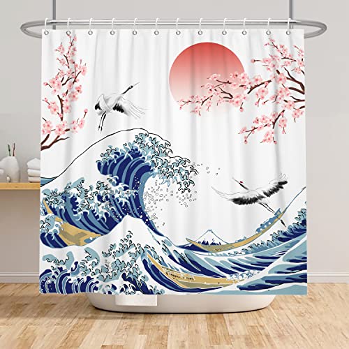 SDOTPMT 180x180cm Duschvorhang mit Riesenwelle Asiatische Kirschblüte Tinte Malerei Bad Vorhang Schwebende Wilde Gans Landschaft Malerei Bad Vorhang für Badezimmer Dekor Stoff wasserdicht mit Haken