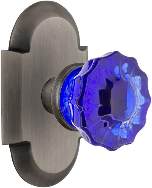 Nostalgic Warehouse 724220 Cottage Plate Crystal Cobalt Glass Door Knob in Polished Brass, Privacy-2.375