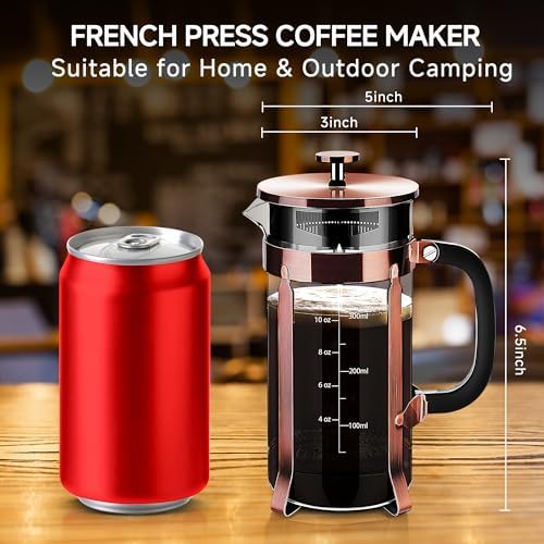 YMMIND French Press Coffee Maker 304 Stainless Steel Coffee Press,with 4 Filters System, Heat Resistant Thickness Borosilicate French Press Glass, BPA-Free Brewed Tea Pot Coffee Plunger(Copper 12oz) — view 3