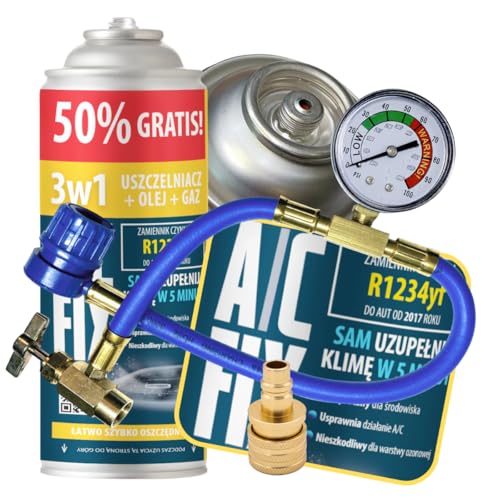 A/C FIX 3in1 R1234yf köldmedium ersättningsgas - köldmedium luftkonditionering 1x235 g - bil luftkonditionering refill set - luftkonditioneringsslang - tryckmätare luftkonditionering - adapter HP/LP