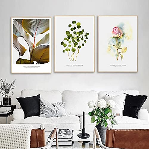 Peinture plantes feuilles d'art mural moderne triptyque premium texture canvas rose fleur