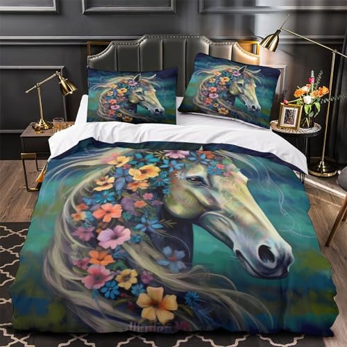 Parure housse de couette fleurs et chevaux 3D microfibre de qualité supérieur - 5