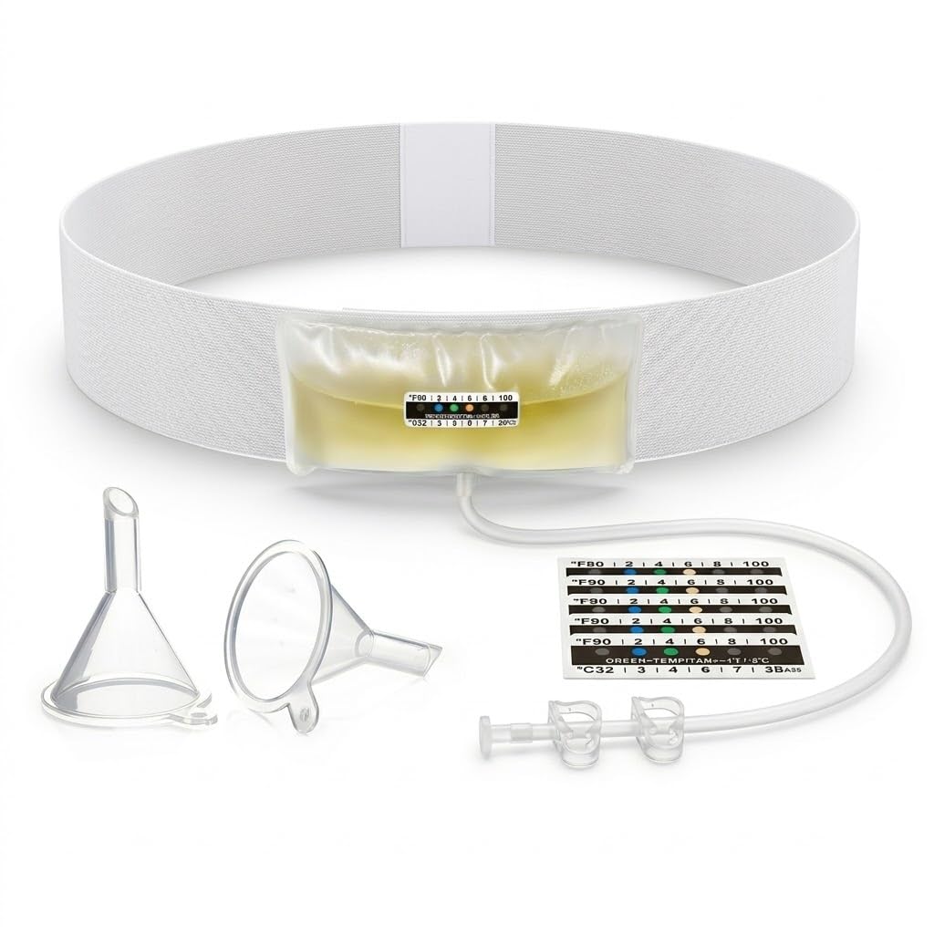 Photo 1 of Urine Test Complete Kit – 2 to 4 oz Concealed Sample Bag with Adjustable Belt, Urine Test Thermometer Stickers and Silicone Funnel (M)