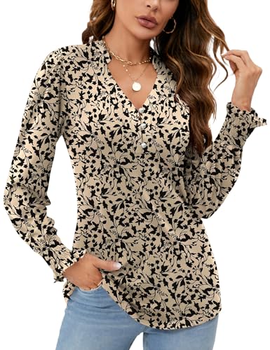 Rapbin Tunika Damen Langarm V-Ausschnitt Knopfleiste Bluse Elegant T-Shirt Casual Rüschenärmel Oberteile Langarmshirt Damen Hemdbluse Aprikose Schwarz Blumen M