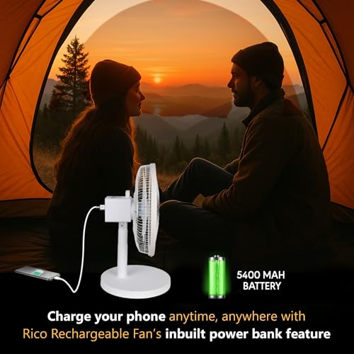 Image of Rico Rechargeable 12 inch Table Fan | Runtime: 3hr (High) & 10hr (low) | With Built in power bank to charge your phone Type-C Charging | BLDC Motor with 3-Speed Settings |Silent Operation | Portable
