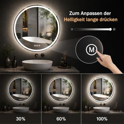 XRAMFY Badspiegel mit Beleuchtung 60cm*60cm, Antibeschlag, Rund Badezimmerspiegel mit Beleuchtung LED, 3 Lichtfarben, Dimmbar – Ansicht 5