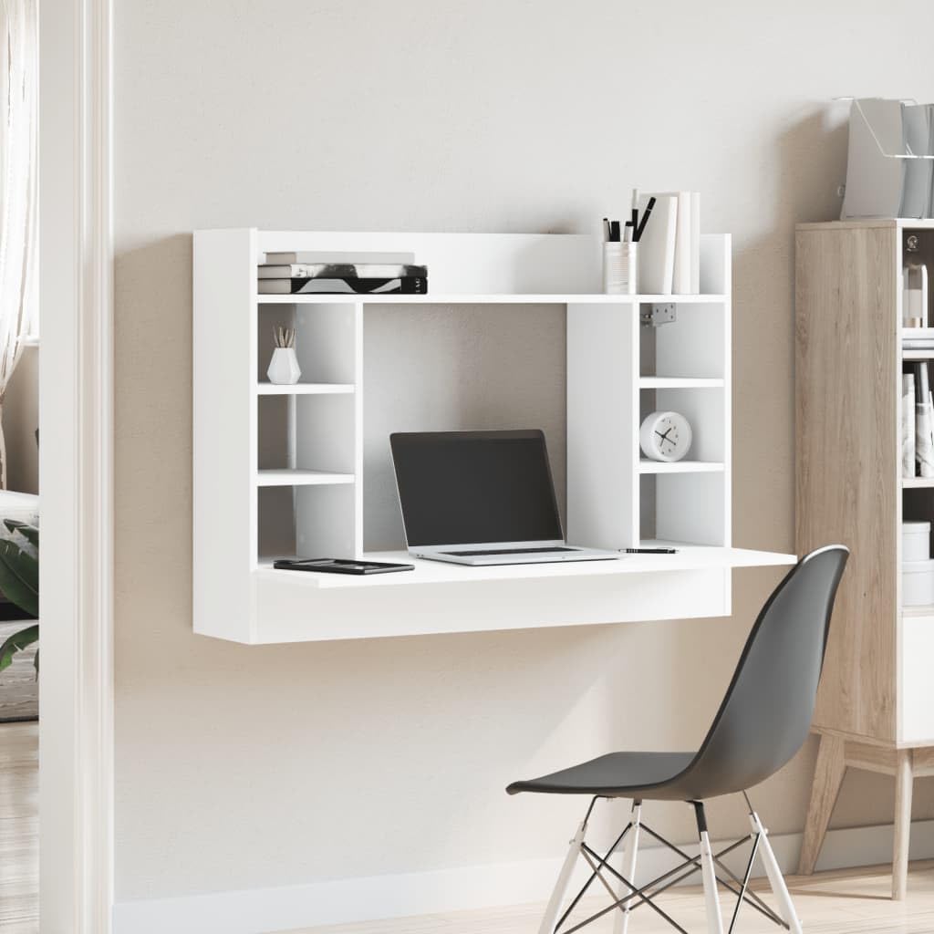 Scrivania a Parete Bianca in Legno Multistrato 105x48x75 cm con Ripiano e 6 Scomparti, Mobile Salvaspazio per Studio Ufficio Casa, Postazione Lavoro PC Gaming Smartworking
