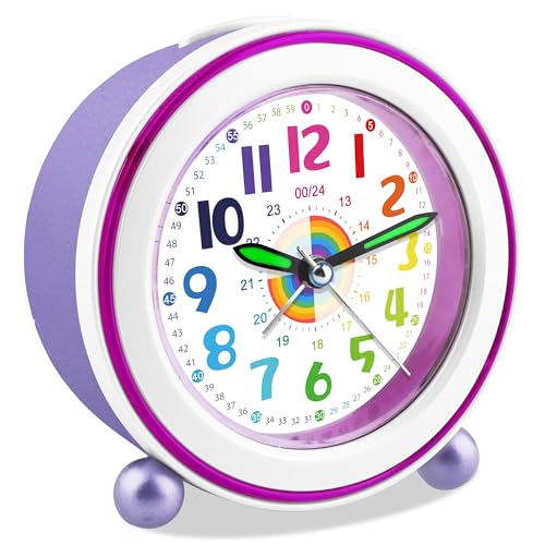 DTKID Réveil Enfant Analogique sans Tic-Tac, Réveil avec Fonction Snooze Veilleuse, pour Chambre de Garçon et Fille, Alimenté par Piles