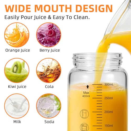 12oz Glass Juice Bottles with Lids 4-Pack, Wide Mouth Reusable Water Bottles for Juicing, Smoothies, Infused Water - Leakproof BPA Free Premium Clear Glass & Stainless Steel Lids, Fridge Safe — view 4