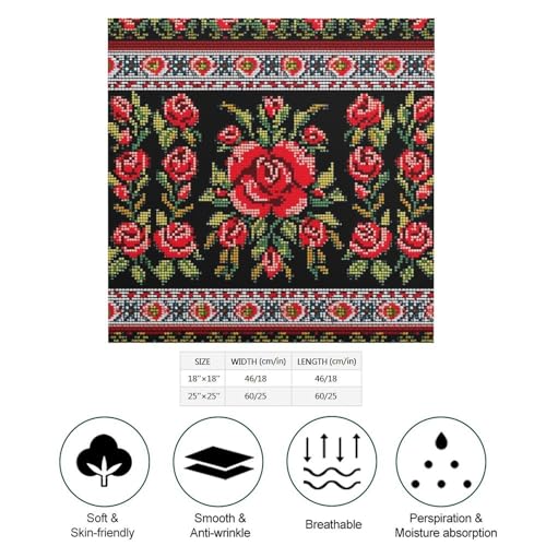 Satin Head Scarf Like Silk Hair Scarf Ukrainian Embroidery Style Rose Headscarf Breathable Neck Scarfs Lightweight Kerchiefs Small Square Scarves Sleeping Wraps Women Bandana 18"×18"2