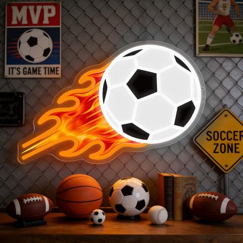 Image of UV Printed Soccer Ball Neon Sign for Wall Decor Dimmable Soccer Led Light for Fans Football Neon Signs for Boys Room Home Bedroom Man Cave College Dorm Club Birthday Party Decor Teen Gifts