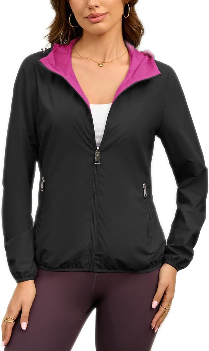 Womens Reversible Rain Jacket Lightweight Waterproof Windbreaker Jacket Outdoor Active Portable Raincoat