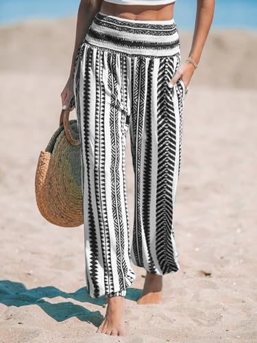 CUPSHE Women Pants Smocked Waist Pants Tapered Leg Pant Loose Fit Long Trousers Casual Beach4