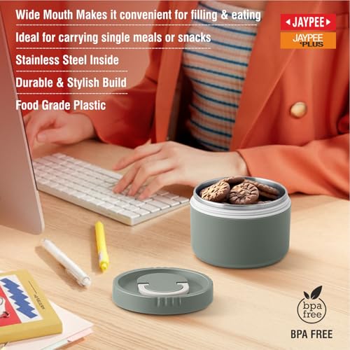 Image of Jaypee Plus Snackpac Sr. Airtight Leakproof Container 500 ml Lunch Box for School, Office, Ideal for Snacks and Meal, Keeps Food Hot & Fresh Inner Stainless Steel Easy to Carry Handle, Greenish Green