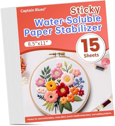 Captain Blues 15PCS 8.5"x11" Sticky Water Soluble Stabilizer for Embroidery - Medium Weight Wash Away Embroidery Stabilizer, Printable & Draw-Ready Patterns for Hand & Machine Embroidery