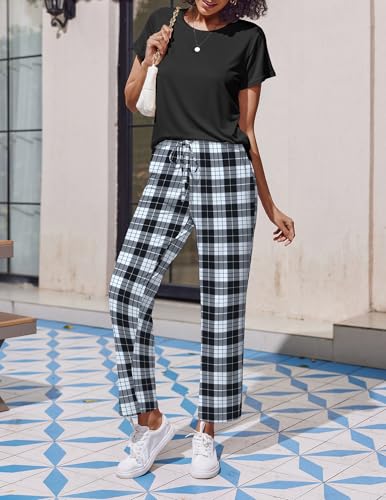 Image of Ekouaer 2 Pack Pajamas for Women Set Short Sleeve Pj Top and Printed Pants | Soft PJs Cozy Printed Lounge Sets Comfy Sleepwear with Pockets