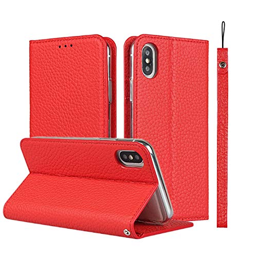 Étui en cuir véritable pour iPhone XS Max avec lanière rouge chic et élégant
