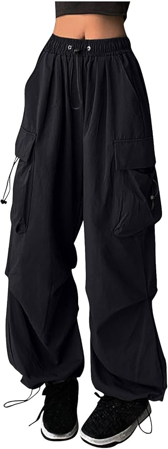Parachute Pants Woman Y2k Baggy Cargo Pant Elastic High Waisted Cotton Trousers Teens Fashion Streetwear with Pockets