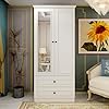 Wooden Armoire Wardrobe Closet with Mirror Door Bedroom Armoire Storage Cabinet 2 Door Modern White Armoire Wardrobe Closet with Hanging Rod for Bedroom