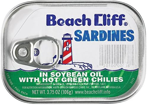 BEACH CLIFF Sardines in Soybean Oil with Hot Green Chilies, 3.75 Ounce Cans (Pack of 18), Wild Caught, High Protein Food, Keto Food, Gluten Free, High Protein Snacks, Canned Food, Bulk Sardines